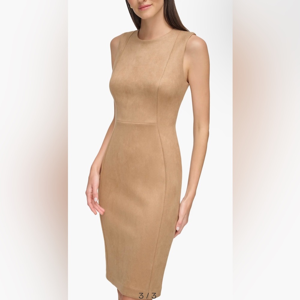 Calvin Klein Scuba Suede Sleeveless Round Neck brown Sheath Dress Size 2 New